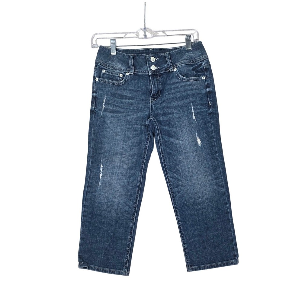 London Jean Capri Jeans Dark Wash Distressed Stretch Denim Size 2 Y2K, Casual